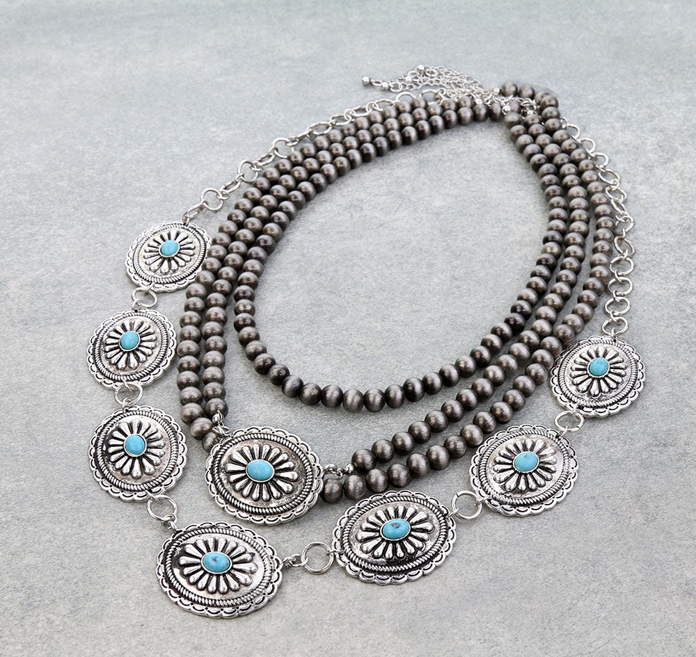 4 Layered Western Concho Stone Necklace