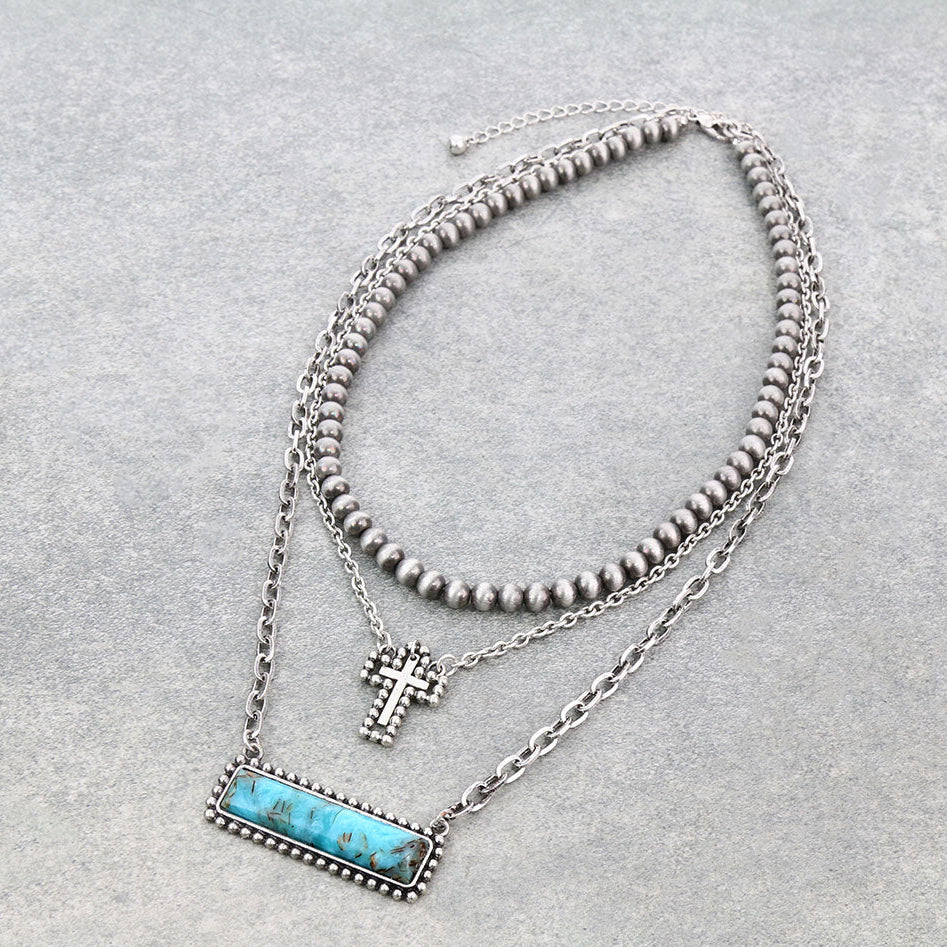 Multi Layered with Bar Stone Pendant Necklace