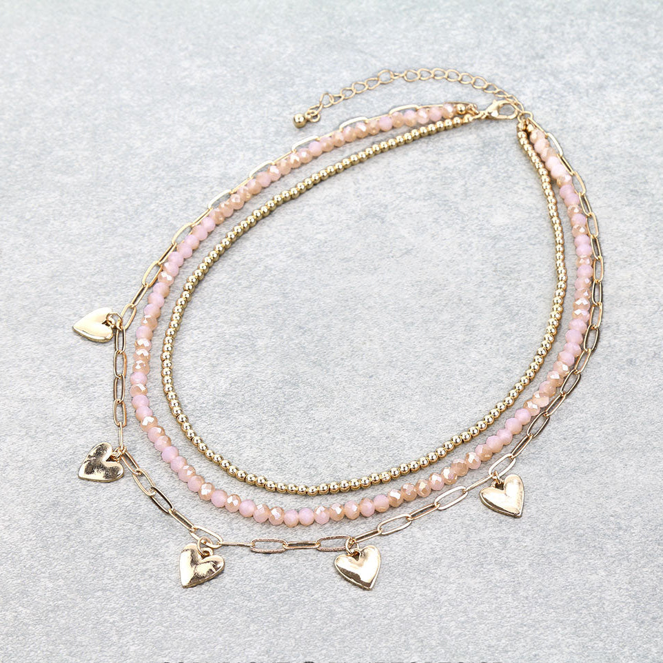 3 Row Mixed Beaded Heart Paperclip Chain Necklace