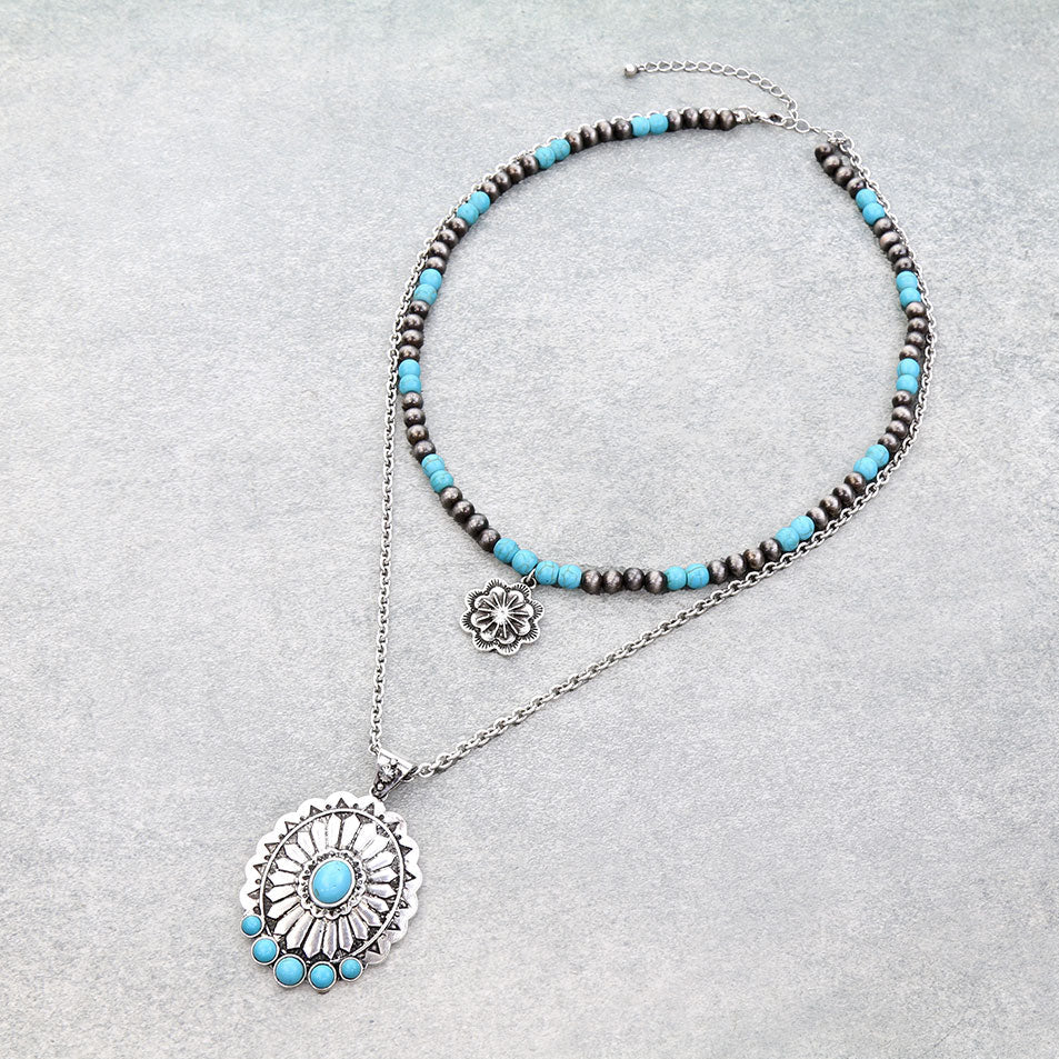 2 Layered Navajo Style Pearl & Concho Necklace