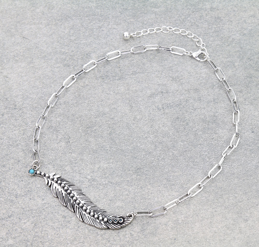 Western Feather Metal Bar Necklace