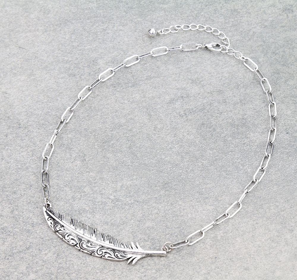 Western Feather Metal Bar Necklace