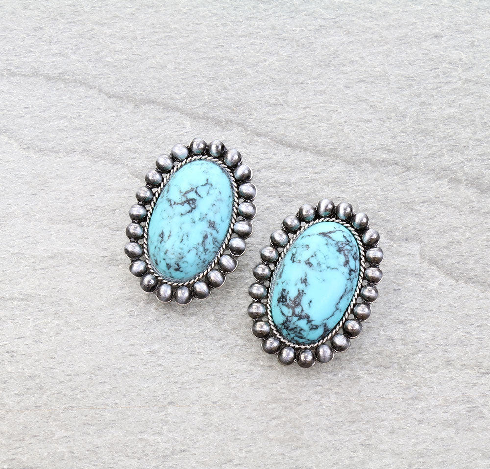 Navajo Style Pearl Oval Stone Stud Earrings