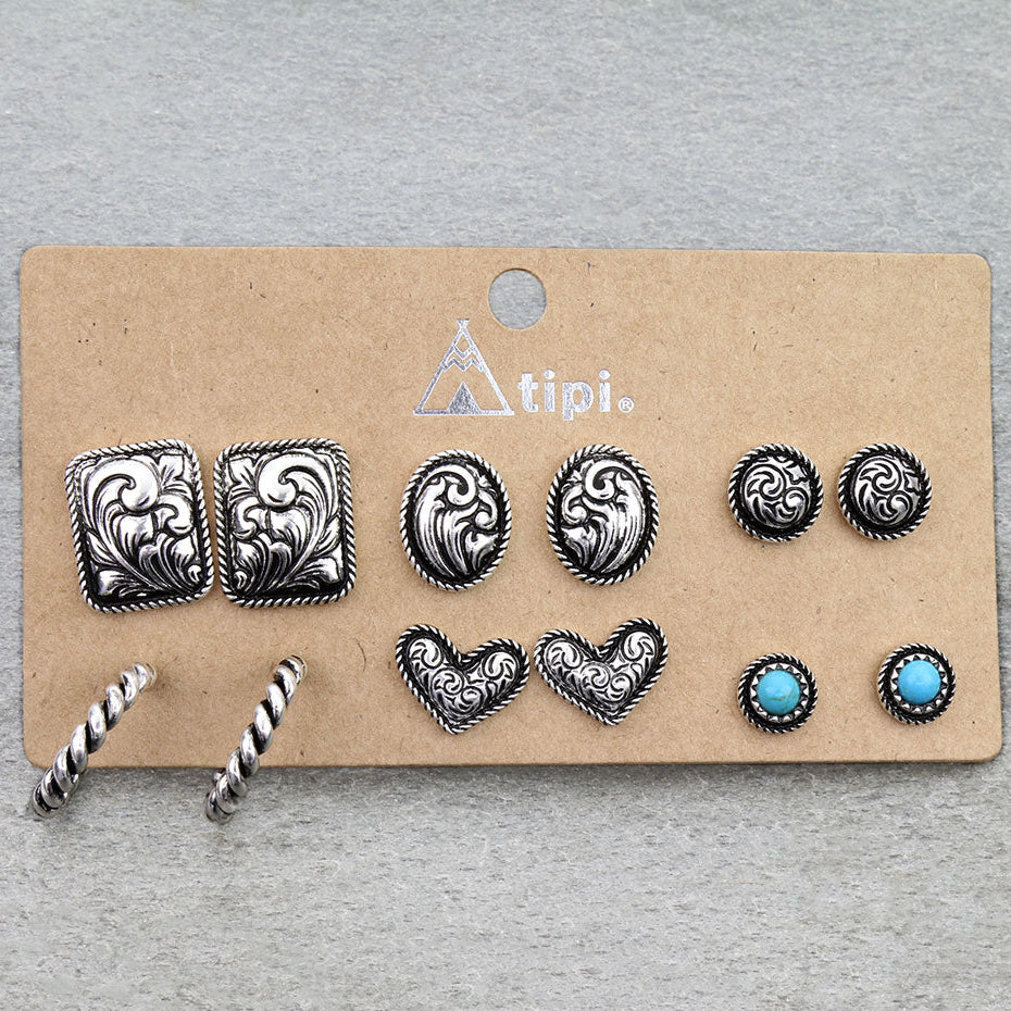 6 Pair Western Floral Stud Earring Set