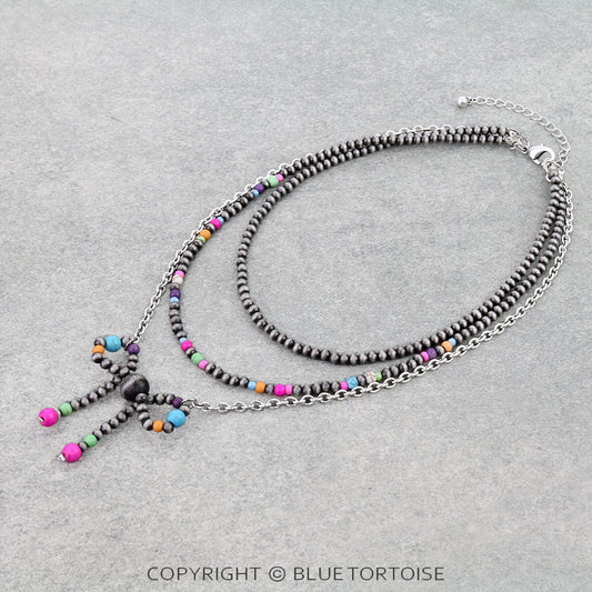 3 Layered Style Pearl & Bead Bow Chain Necklace