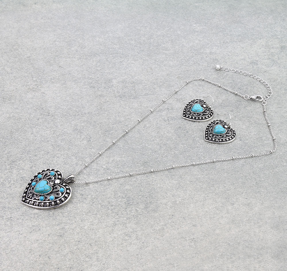 Western Filigree Heart w/ Semi Stone Necklace Set