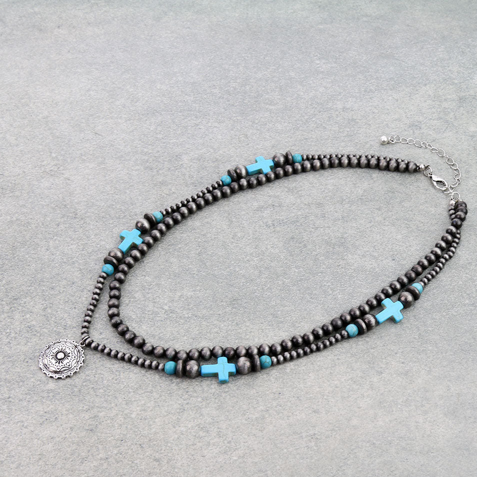 Western Concho Pendant 2 Layered Necklace