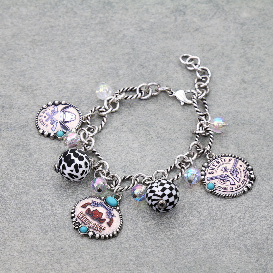 Western Gun Print Multi Charm Link Bracelet