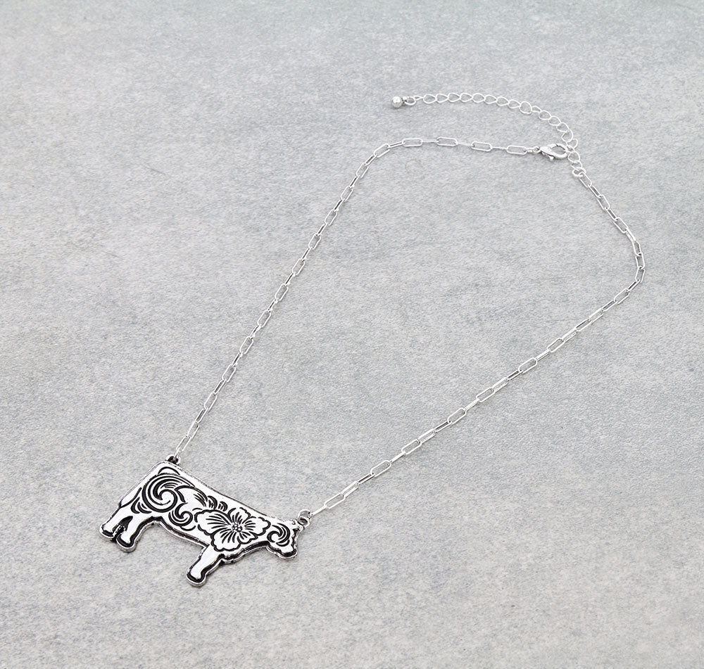 Western Etched Cow Necklace