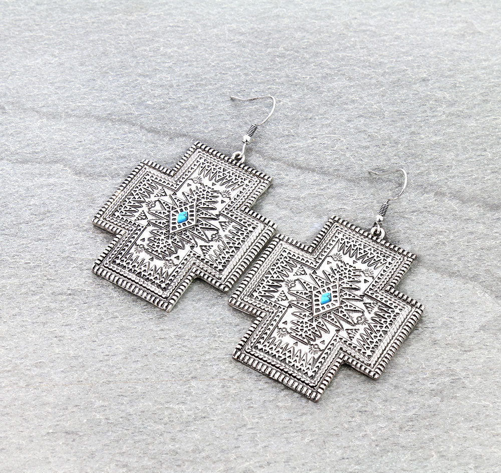 Western Aztec Cross Dangle Earrings