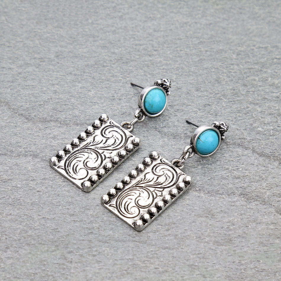 Western Rectangle Engraved Stud Earrings