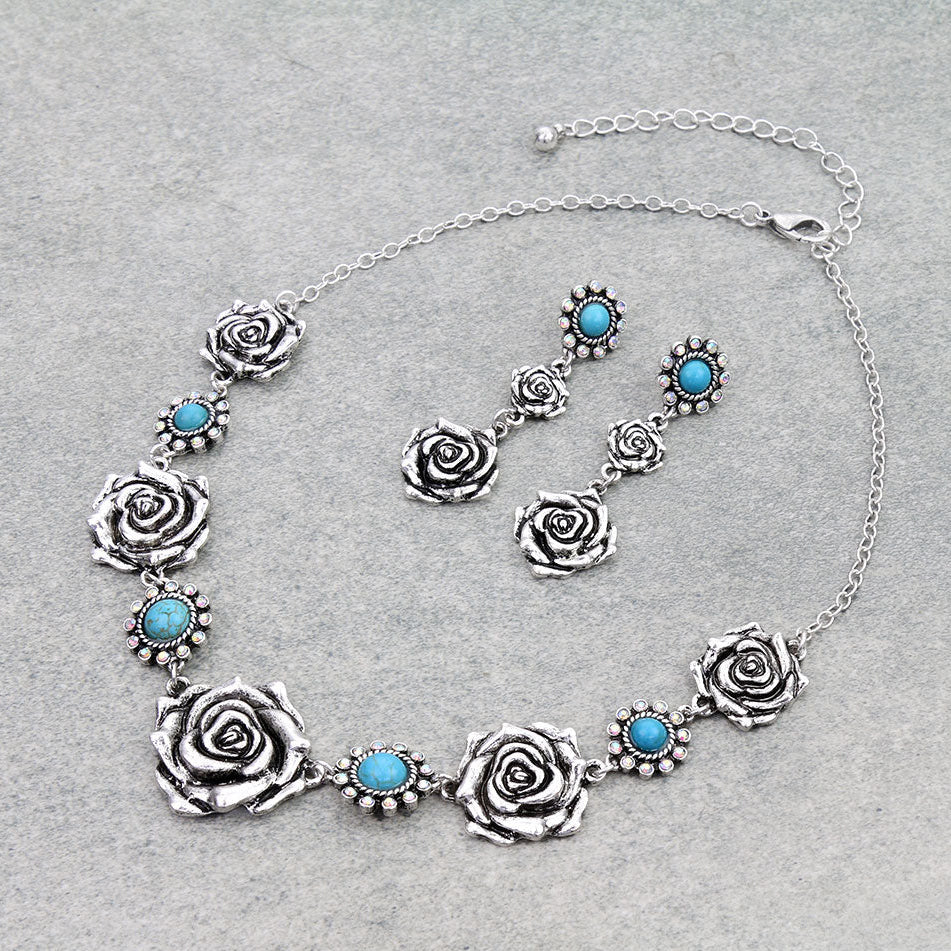 Western Rose with Stone Statement Necklace Set