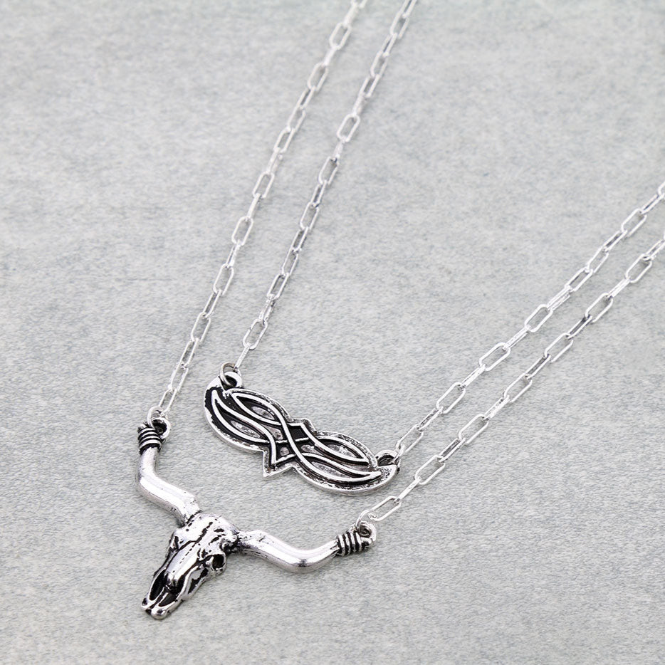 Western Steer Skull Boot Stitch 2 Layered Necklace