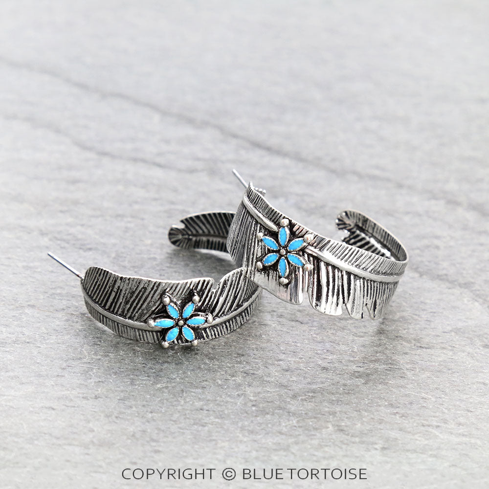 Western Feather with Flower Hoop Earrings