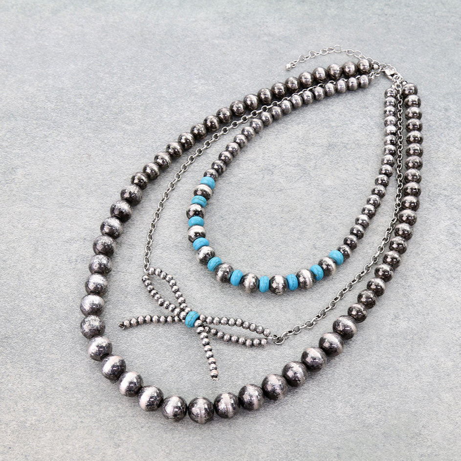 3 Layered Navajo Style Pearl & Bead Bow Necklace