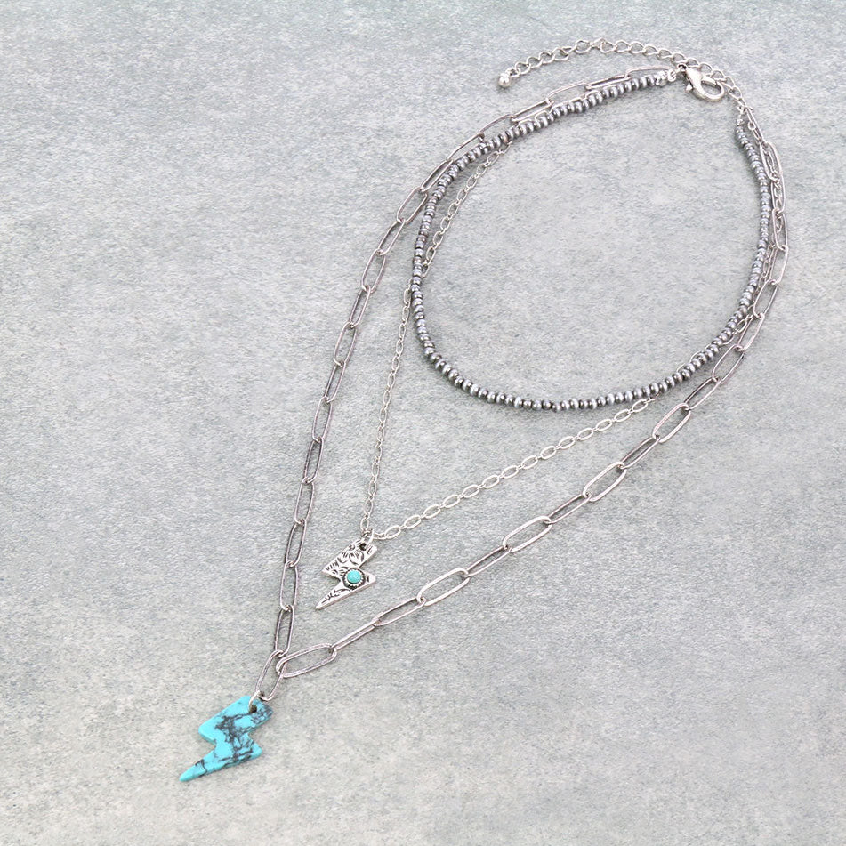 3Row Style Pearl and Chain with Thunder Pendant Necklace