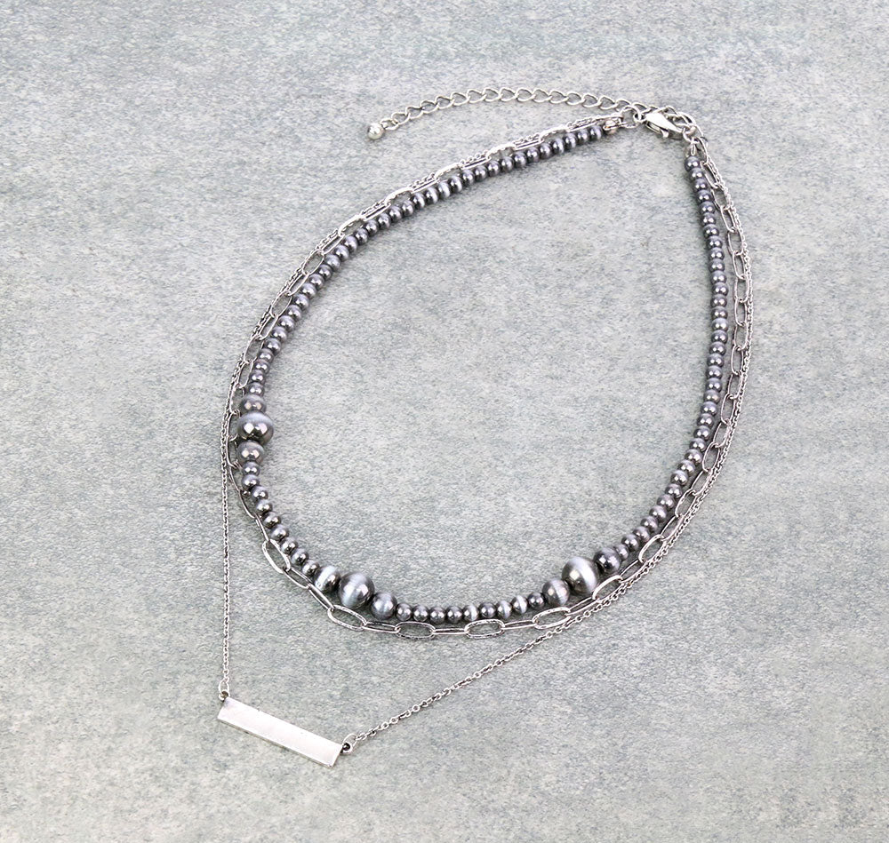 3Row Style Pearl and Chain with Bar Pendant Necklace