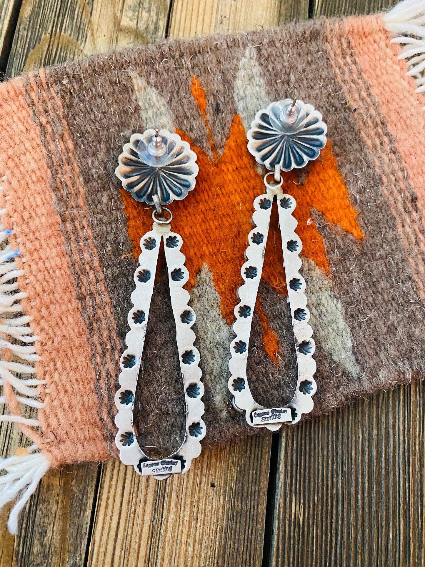 Navajo Sterling Silver & Turquoise Concho Dangle Earrings By Eugene Charley