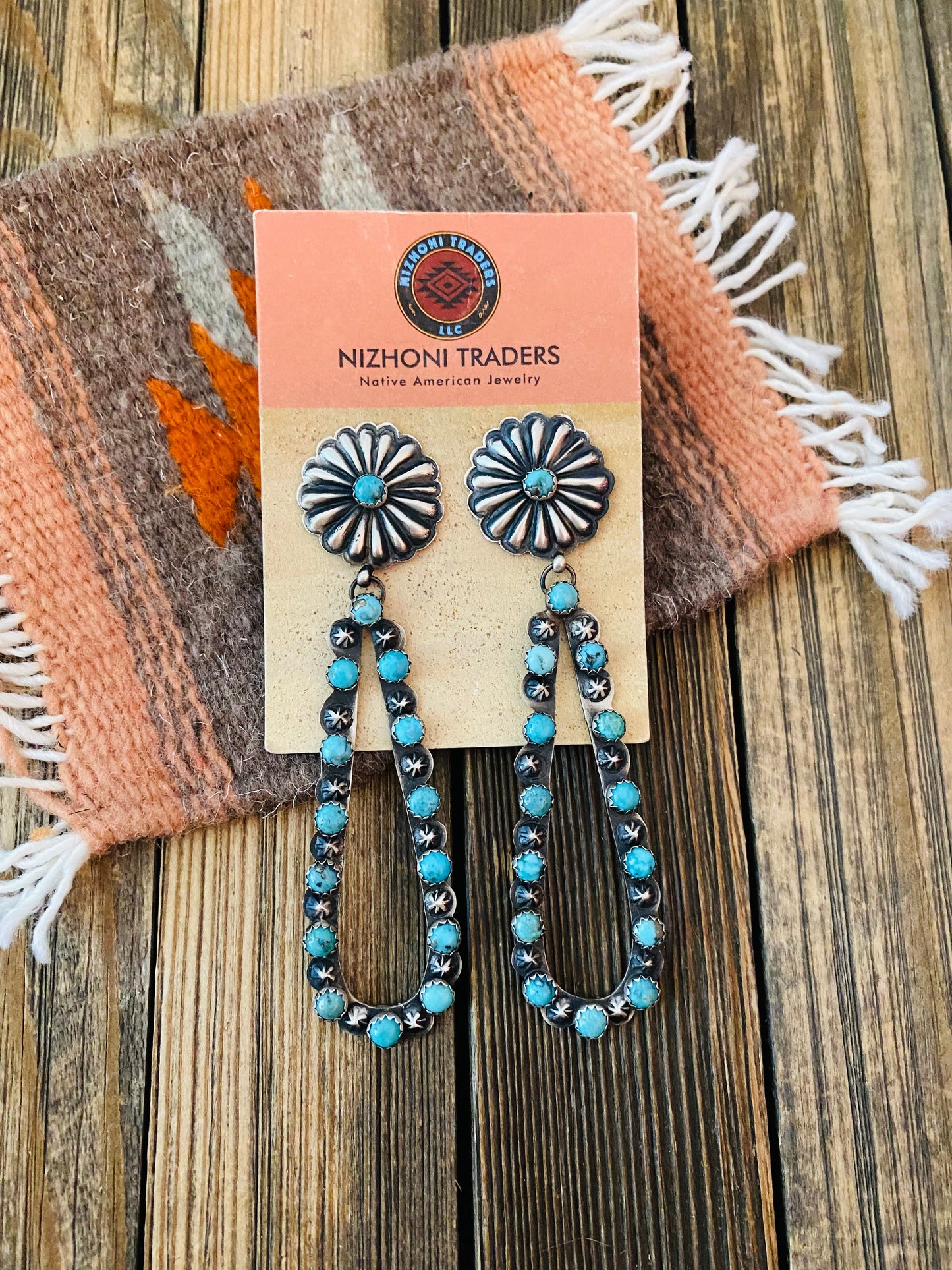 Navajo Sterling Silver & Turquoise Concho Dangle Earrings By Eugene Charley