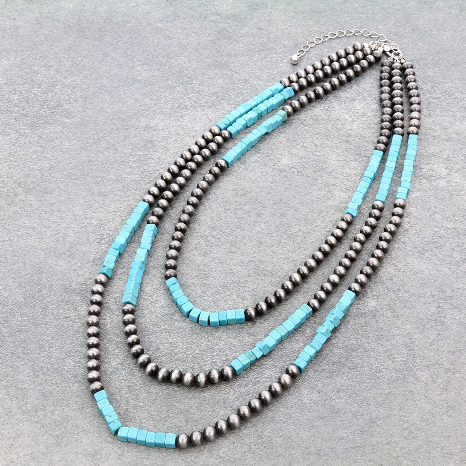 Navajo Style Pearl & Cubic Stone Necklace