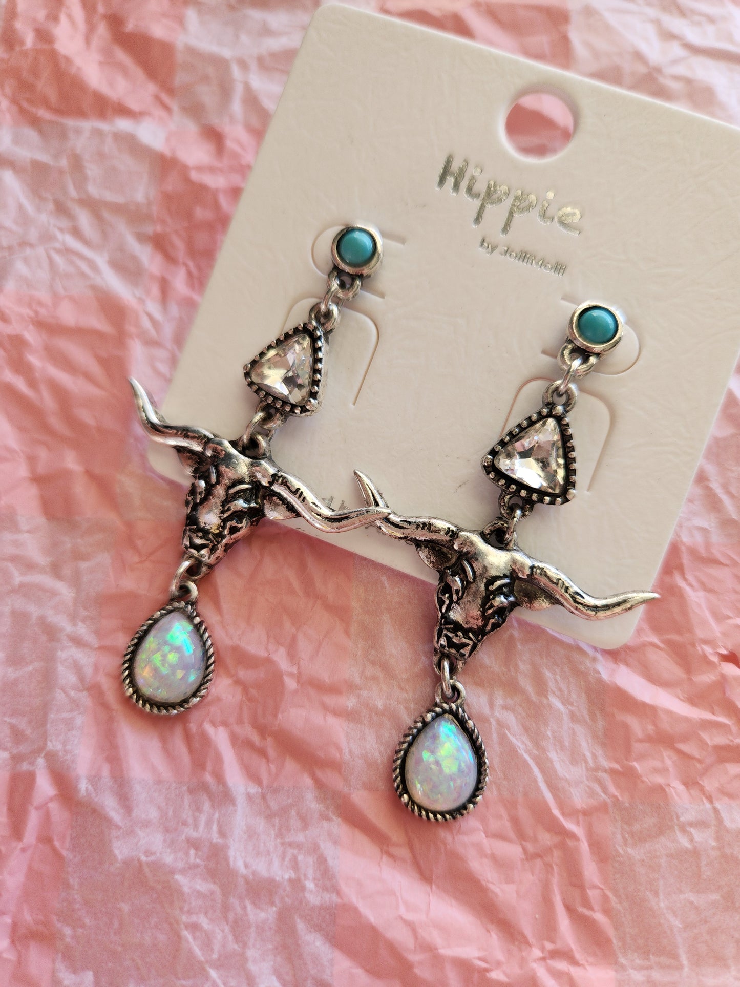Western Steer Skull Opal Stone Stud Earrings