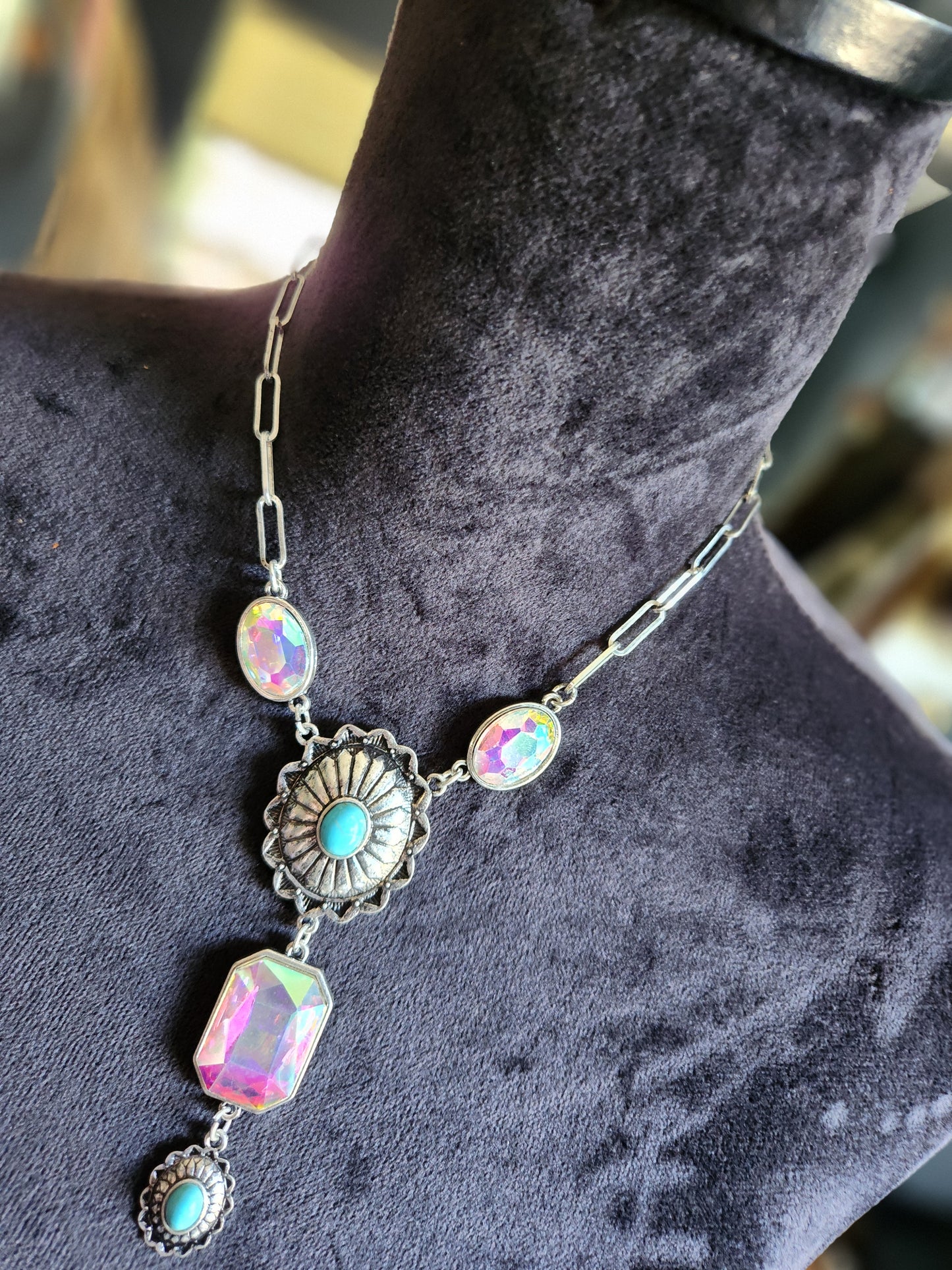 Western Concho Stone Y Necklace Set