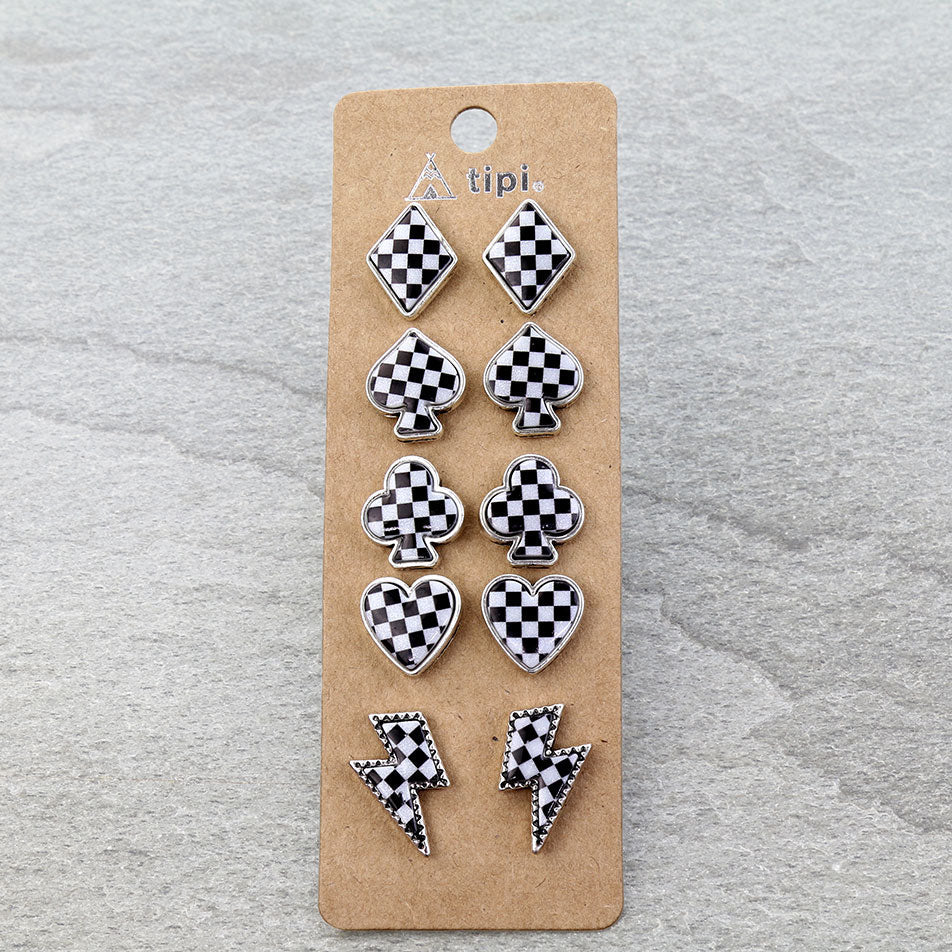 5 Pair Checker Stud Earring Set