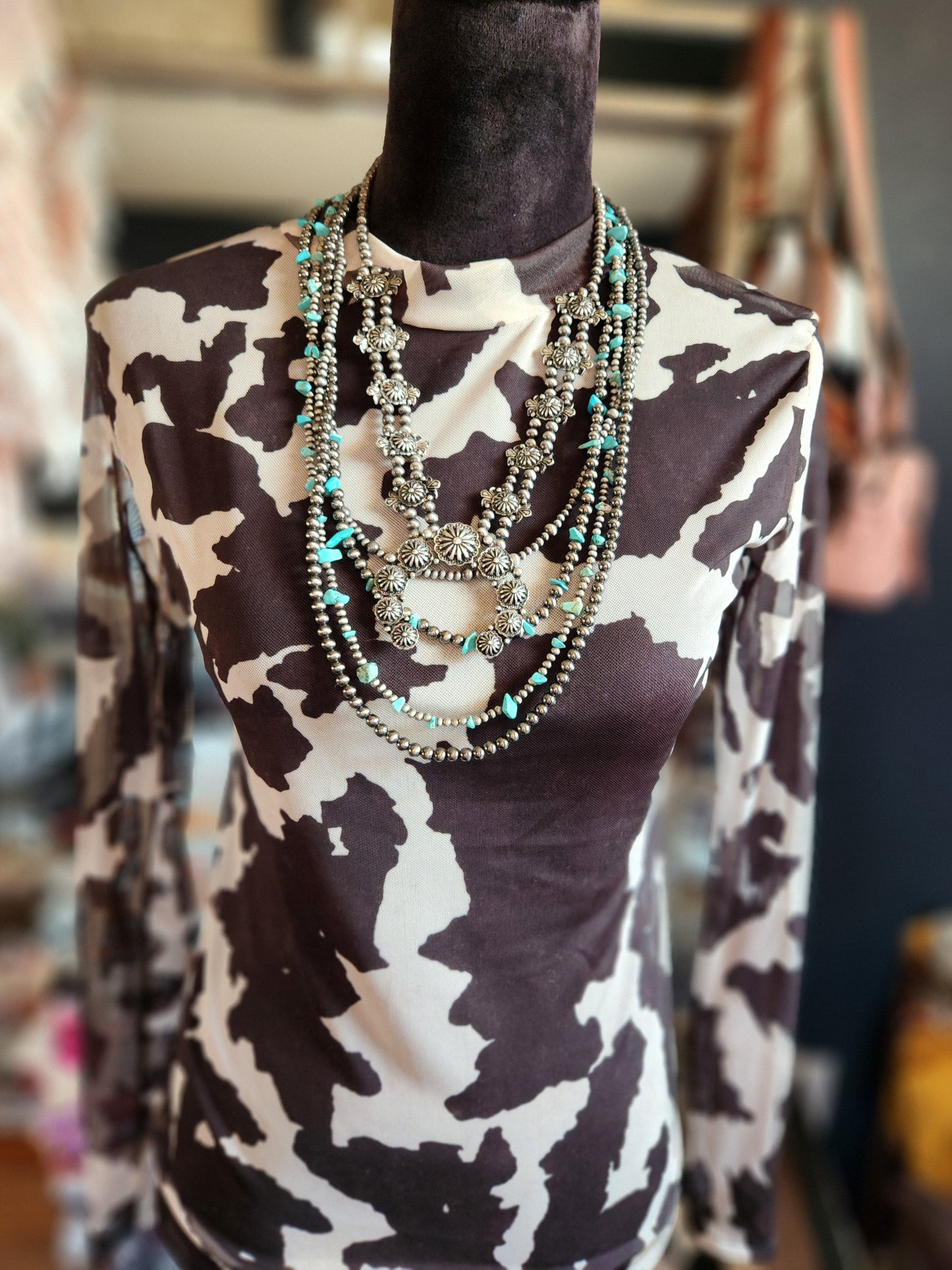 Black Cow Printed Long Sleeve Mesh Top