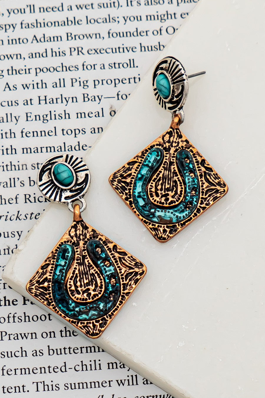 boho patina horse shoe drop earrings