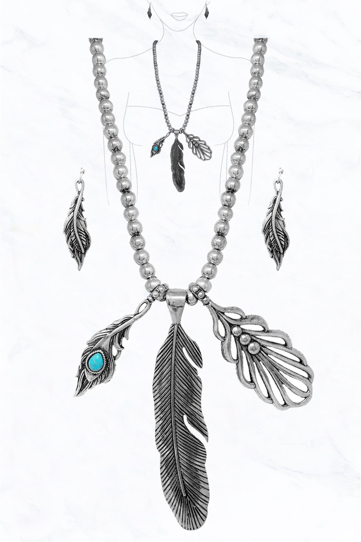 Western Metal Feather Pendant Necklace Earrings