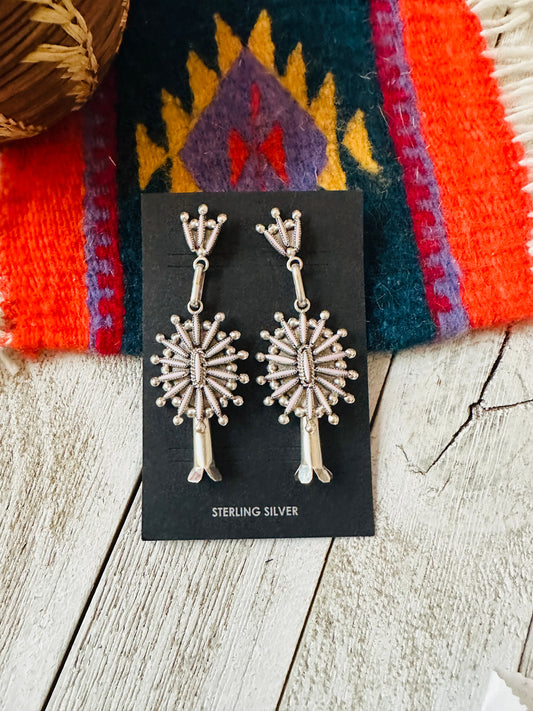 Zuni Queen Pink Conch & Sterling Silver Needlepoint Dangle Blossom Earrings