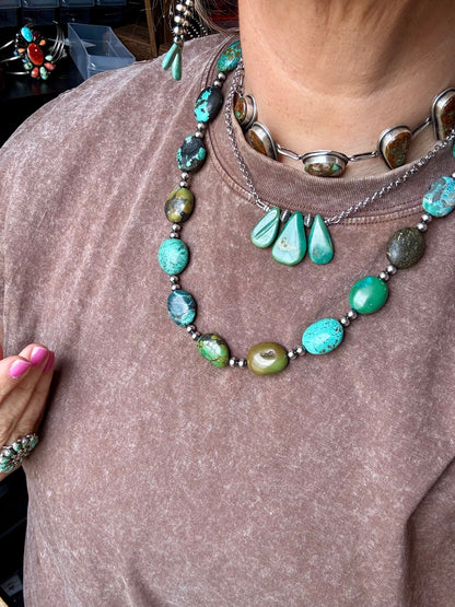 16-Inch Green Turquoise Necklace with Sterling Silver Pearls