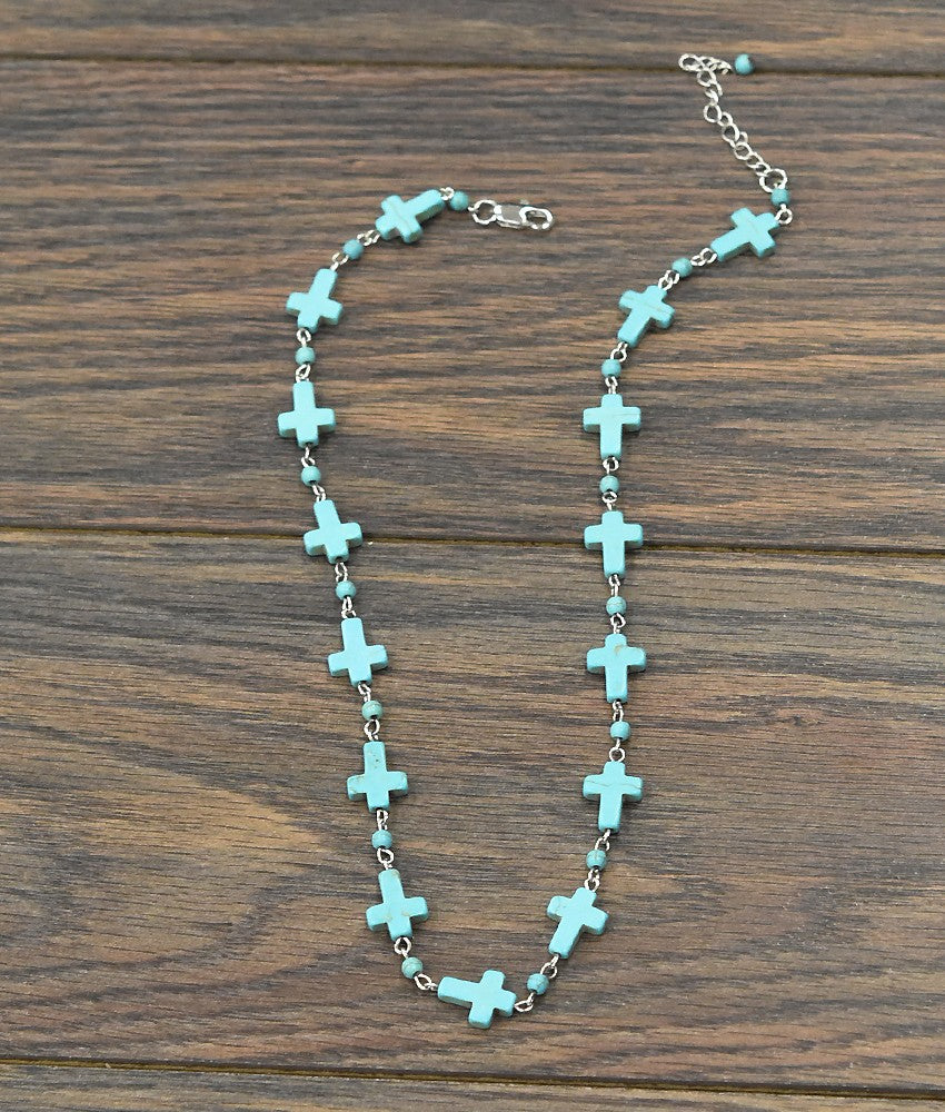 Handmade Cross Synthetic Turquoise Necklace 733034