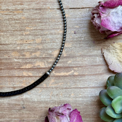 14” Black Onyx Heishi Necklace – Sterling Silver Pearls & Saucers