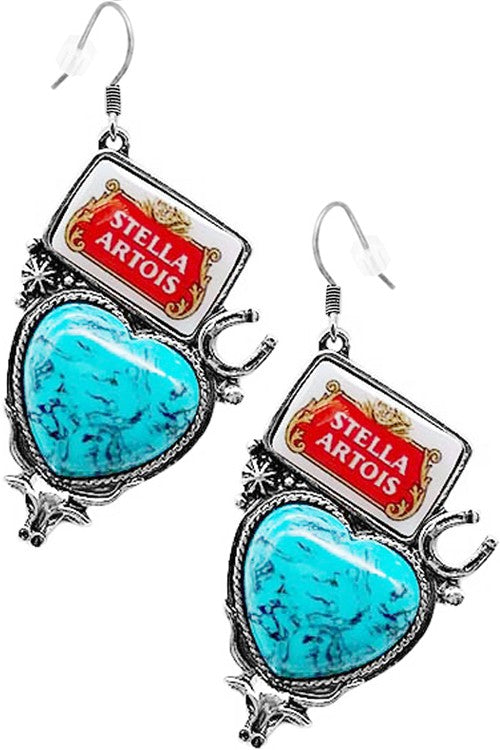 WESTERN GEMSTONE HEART BULL DRINK LOGO EARRING