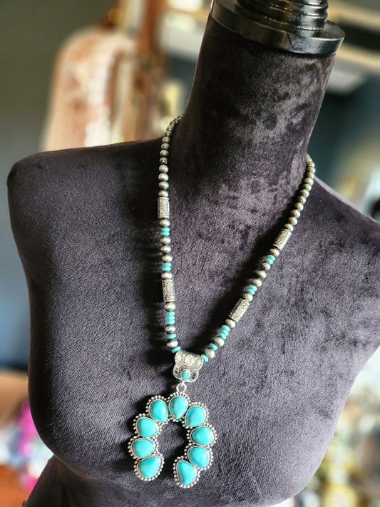 Squash Blossom Pendant Necklace - Turquoise & Silver