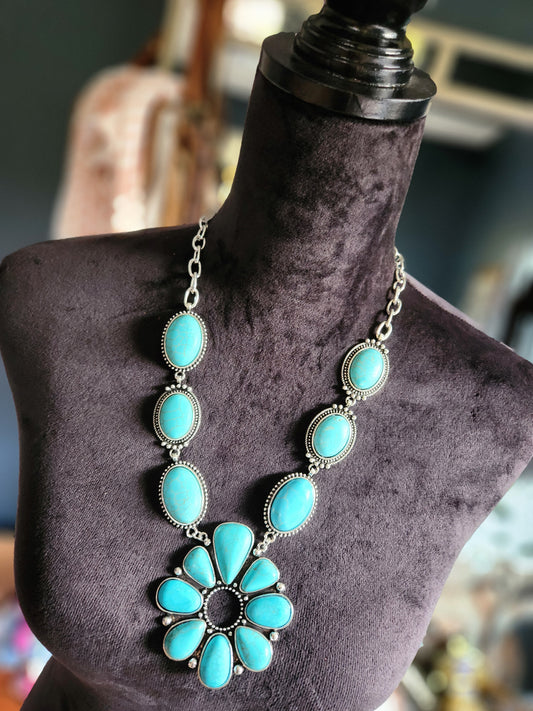 Squash Blossom Necklace - Turquoise & Silver