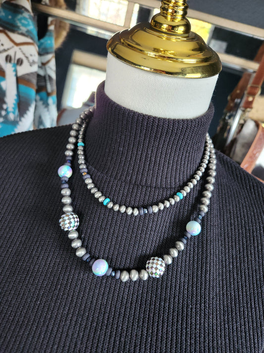 2 Layered  Style Pearl Checker Ball Necklace