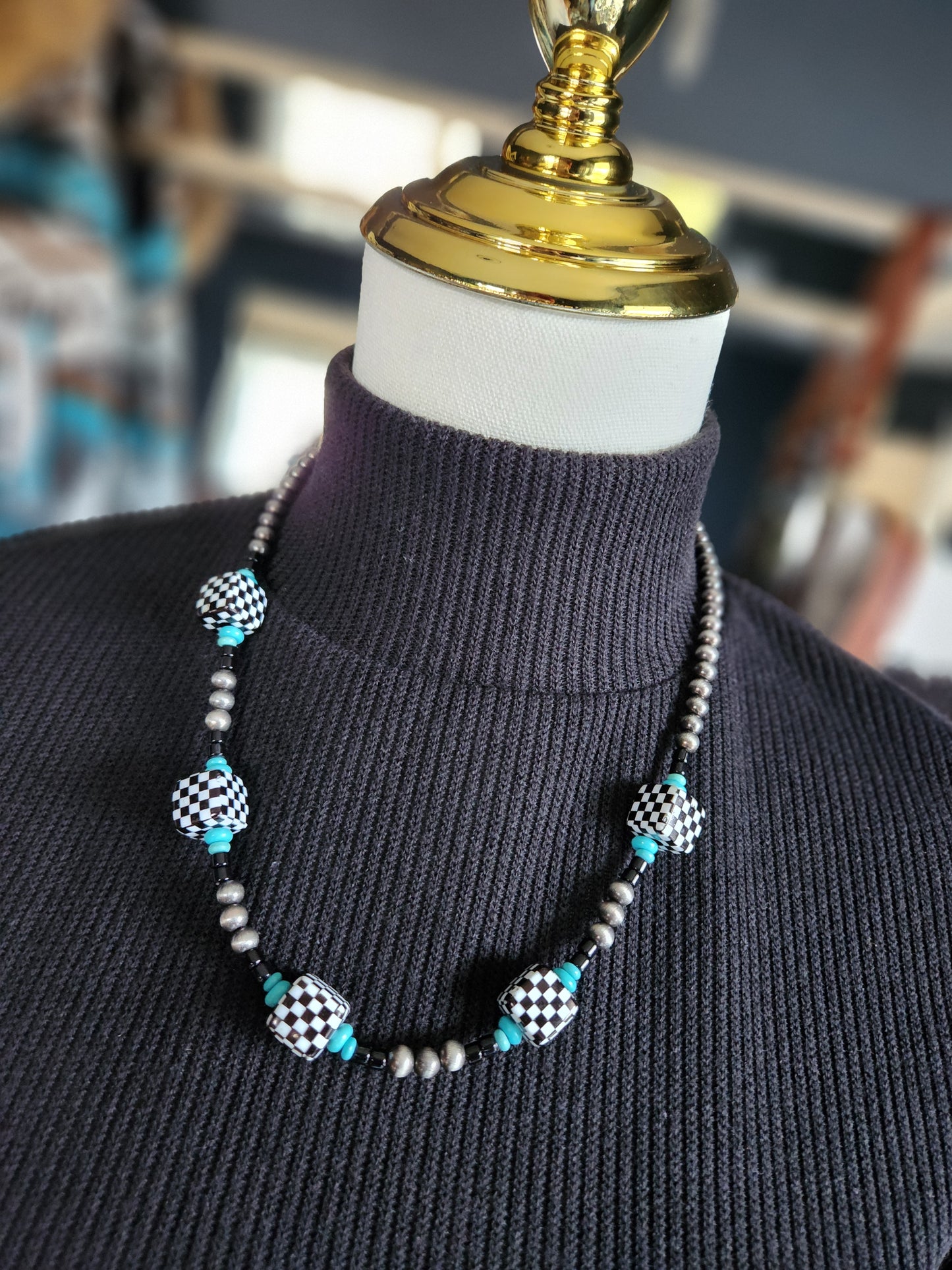 Navajo Style Pearl Checkerboard Necklace