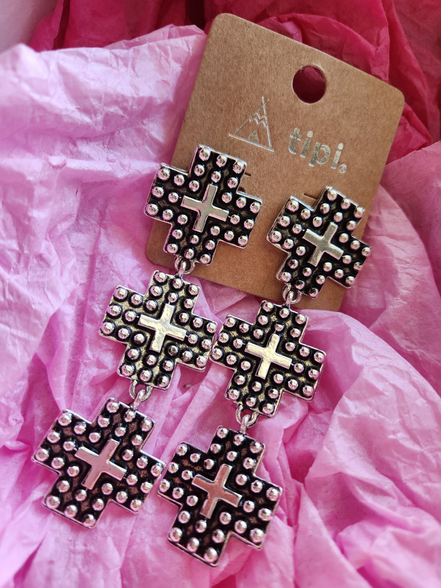 Western Cross Bubble Drop Stud Earrings