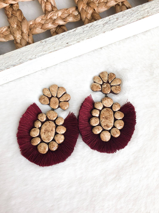 The Roan Earrings - Antique Vanilla W/Maroon/Burgundy Fringe