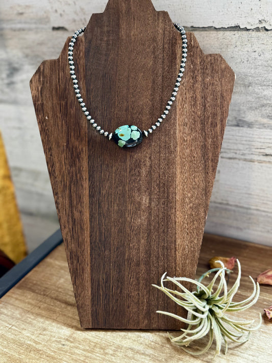 15-Inch Sterling Silver Pearl Necklace with Turquoise – One-of-a-Kind