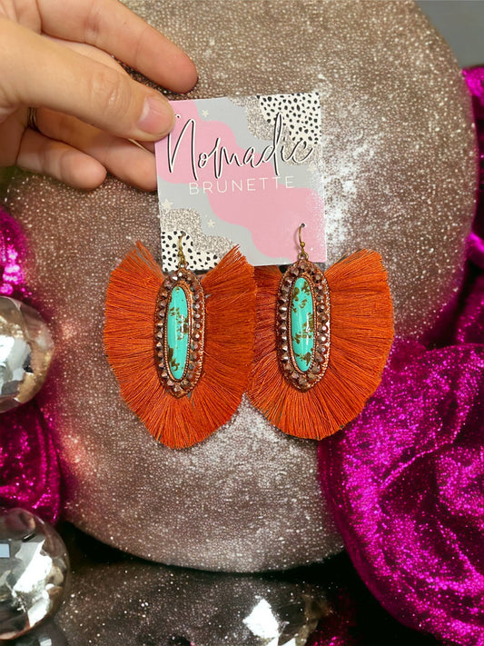 The Casper Earrings- Turquoise Stone With Rust Fringe