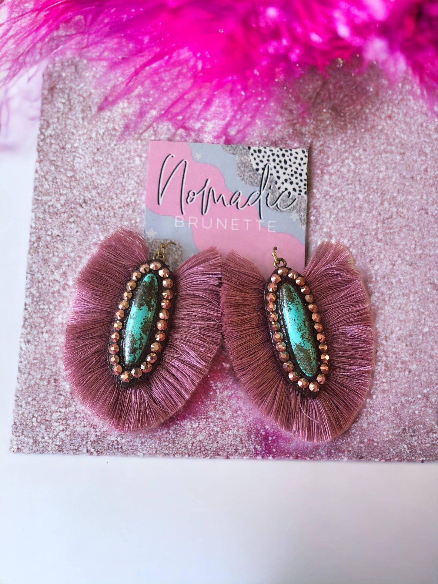 The Casper Earrings- Turquoise Stone With Mauve Fringe