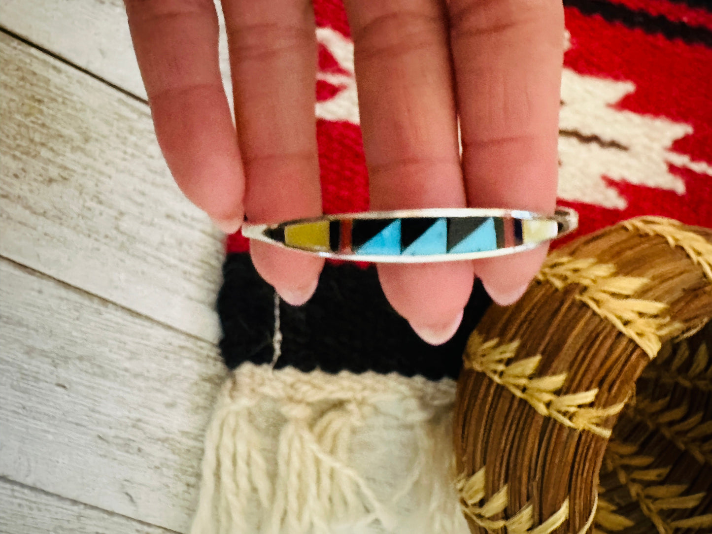 Zuni Sterling Silver & Multi Stone Inlay Cuff Bracelet