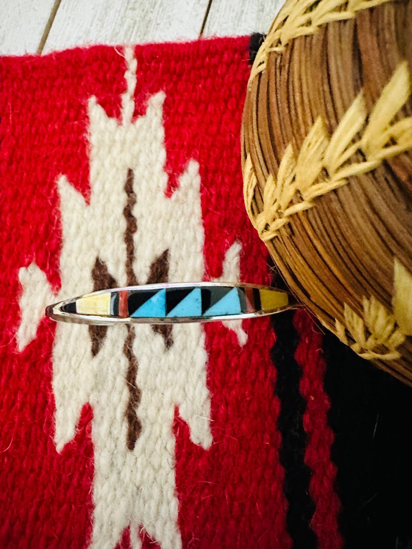 Zuni Sterling Silver & Multi Stone Inlay Cuff Bracelet