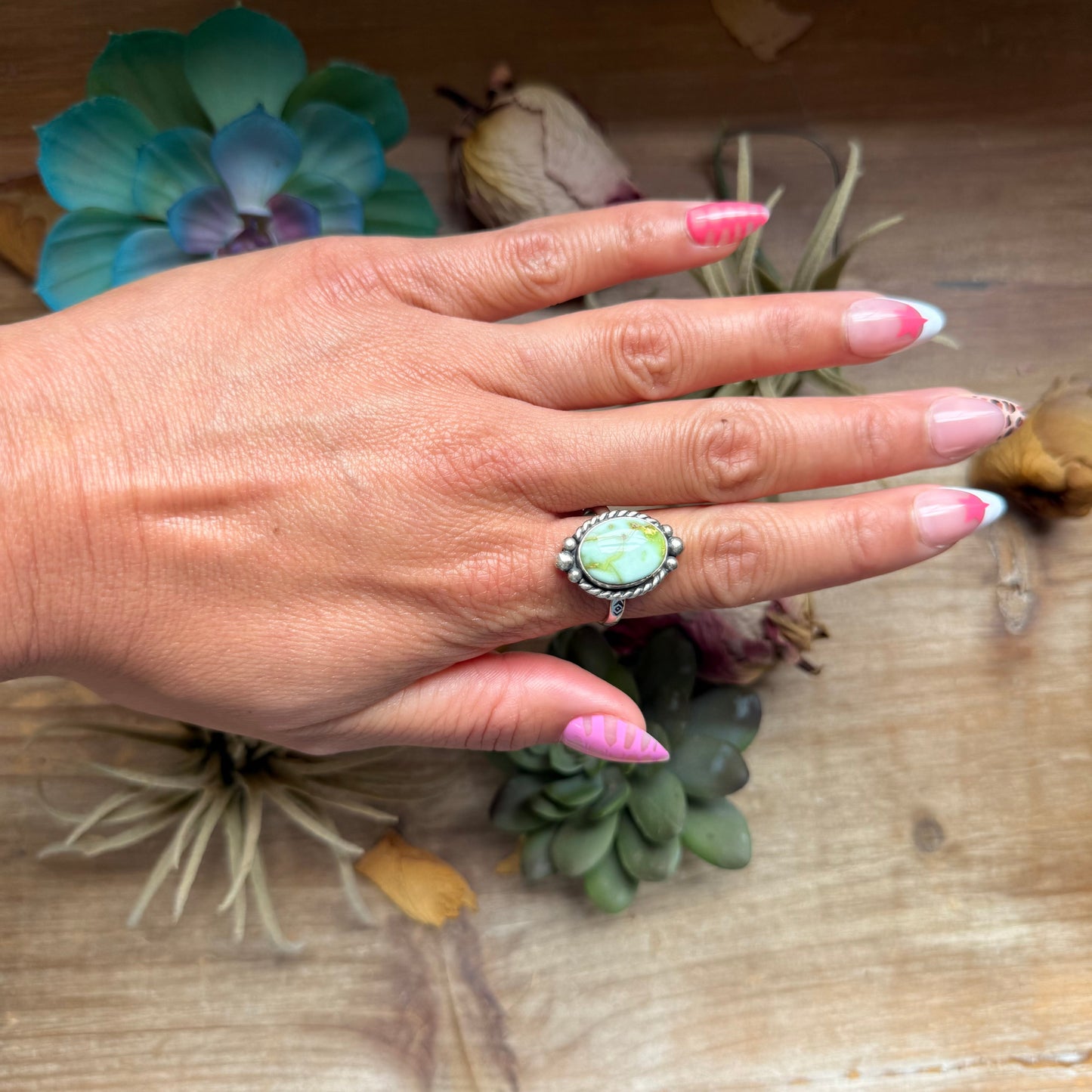 129 - Sterling Silver Palomino Variscite Medicine Man Eye Stamped Stacking Ring by Jason Ogg