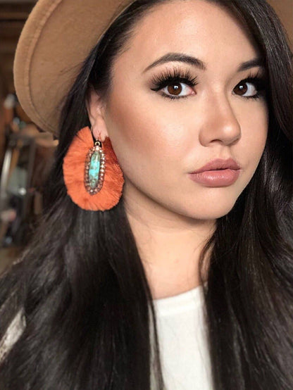 The Casper Earrings- Turquoise Stone With Rust Fringe