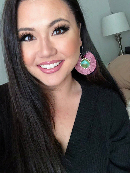 Gypsum Earrings - Turquoise Stone With Mauve Fringe