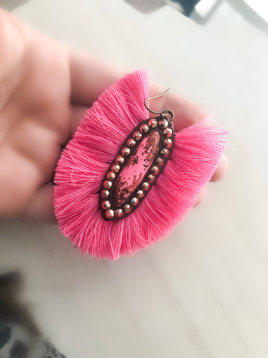 The Casper Earrings- Pink Stone With Hot Pink Fringe & Rose